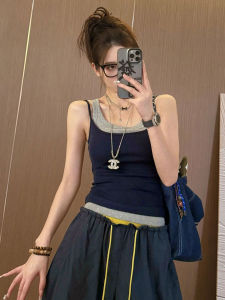 Áo Ba Lỗ Không Tay Phong Cách Mỹ Màu Tương Phản Giả Hai Mảnh Mùa Hè Mặc Trong Ngoài Áo Chui Đầu Bó Sát Che Đi Bắp Chân Cho Nữ