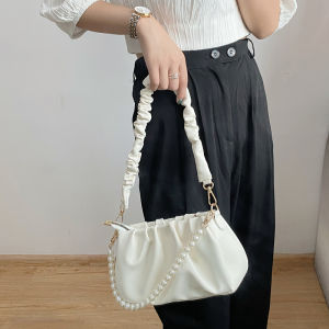 Spring Summer 2024 White Folded Cloud Underarm Womens Bag Versatile Single Shoulder Crossbody Handbag Soft PU Bucket Shape