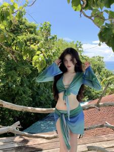 2025 New Bikini Four-Piece Set Dyed Retro Long Sleeve Slimming Concealing Beach Separate Swimsuit Women Summer Triangular Bikini with Chest Pad No Steel Support