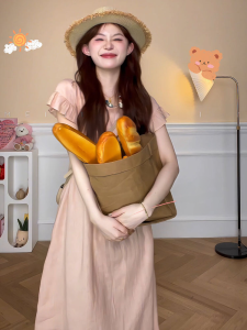 Pink Summer New Style Loose Slimming Casual Holiday Long Dress with Flying Sleeves  Sweet Style Princess Skirt A-Line