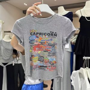 SUSHOUWANGE | Womens Colorful Letter Print Gray Slim-Fit Regular Short Sleeve T-Shirt