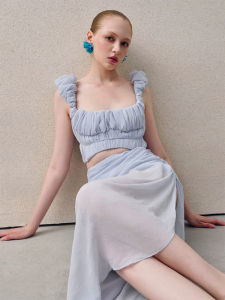 Elegant French Style Ruffled Mesh Camisole and Skirt Set