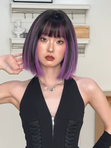 Short Straight Purple Wigs with Dark Roots High Density Synthetic Highlight Wigs for Women Heat Resistant