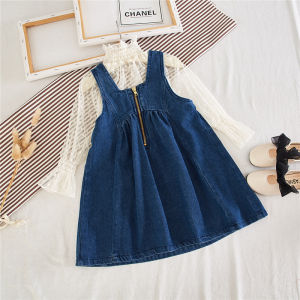 Korean Style Soft Lace T-Shirt and Denim Pinafore Set