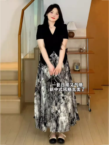 ชุดสองชิ้นแขนสั้นสไตล์จีนใหม่ไซส์ใหญ่สำหรับผู้หญิง เอวสูง กระโปรงทรงเอ ชุดแฟชั่นฤดูร้อน สไตล์เกาหลี