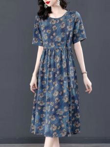 Summer New Ice Silk Dress Women Loose Maternity Midi round Neck Short Sleeve Floral Print Casual Style mid Waist A-Line Dress