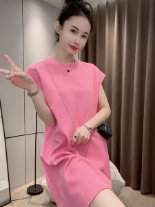 Slimming Effect Korean Style round Neck Midi Dress Womens Pure Color Young Looking Summer New Arrival Straight Cut Skirt