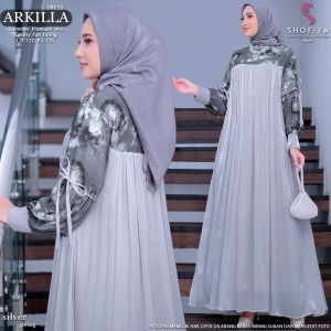 Dress Muslim Kia Bahan Crinkle Mix Organza LD 110 PJ 135 Kancing Depan Motif Polos Bisa COD