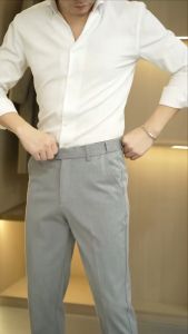 Quần âu nam cao cấp màu ghi sáng DVMEN cạp chun co giãn chất vải cotton co giãn 4 chiều dáng slimfit chống nhăn