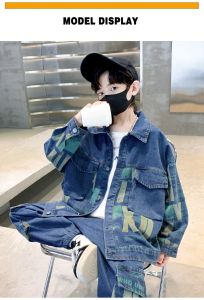 2025 New Boys Denim Suit Trendy Letter Printed Jacket Cargo Pants Streetwear Outfits Casual Loose Childrens Two Pcs Clothing