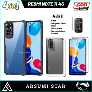 PROMO PAKET MURAH 4 IN 1 CASE XIAOMI REDMI NOTE 11 4G SOFTCASE CASING SILIKON TRANSPARAN + ANTI GORES FULL COVER + SKIN CARBON 3D + SKIN CAMERA LENS