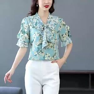 Summer Floral Printing Bow Chiffon Blouse Femme Mid Sleeve Elegant Shirt Fashion Women Loose Casual Sweet Shirt