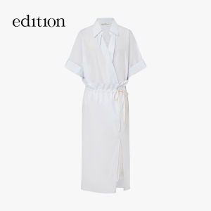 Edition Silk Cotton Shirt Dress Womens Commute New Summer Casual Style A-Line Midi Dress Pure Color Short Sleeve Dress
