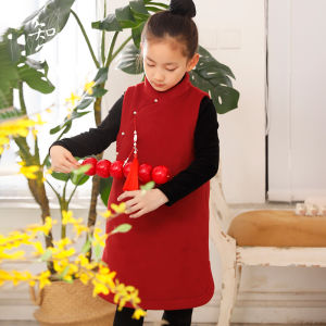 New Chinese Style Cotton Lined Woolen Vest Winter Coat for Big Kids Mid-Length A-Line Skirt Dress Autumn Winter Spring Wear