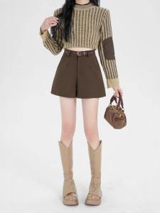 กางเกงขายาวทรงหลวมเอวสูง กางเกงขายาวผู้หญิงไซส์ใหญ่ ฤดูใบไม้ผลิและฤดูใบไม้ร่วง ขนแกะสีกรมท่า กางเกงขายาวลำลอง