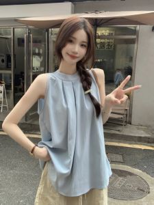 เสื้อกั๊กแขนกุดคอวีสไตล์ฝรั่งเศสสำหรับผู้หญิงในช่วงฤดูร้อน เสื้อกั๊กแขนกุดคอวีแบบลำลองที่สวมใส่สบายและมีสไตล์