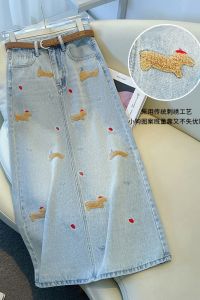 Váy Denim Thêu Cạp Cao Cho Nữ Mùa Thu Cỡ Lớn Váy Chữ a Dài Đến Giữa Bắp Chân Phong Cách Mới Váy Chữ a Cạp Cao