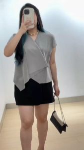 6197 Saferina V-Neck Two Tones Top Blouse Atasan Wanita