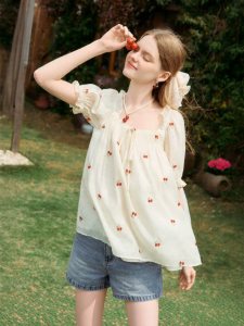 XIANGYING | White Cherry Floral Print Voile Shirt Bubble Sleeve Square Neck