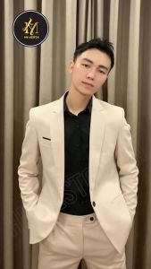 Bộ vest nam màu kem cao cấp 2 lớp tặng kèm cà vạt kẹp