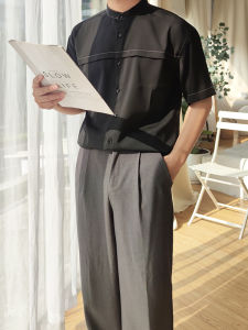 Áo Sơ Mi Nam Tay Ngắn Mùa Hè Bằng Lụa Băng Màu Đen Cổ Đứng Dáng Rộng Thoải Mái Không Cần Ủi Phong Cách Thường Ngày