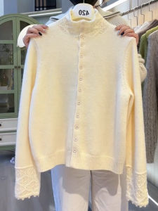 QINGNAER | Winter High Collar Lace Patchwork White Versatile Comfy Slim Knit Sweater Cardigan