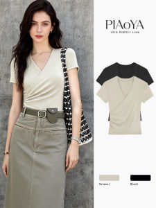 PIAOYA | V-Neck Crossed Knit Top Short Sleeve