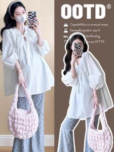 Maternity Suit Korean Style Spring and Autumn Casual Loose Bowtie Sleeve Top Dot Flare Pants