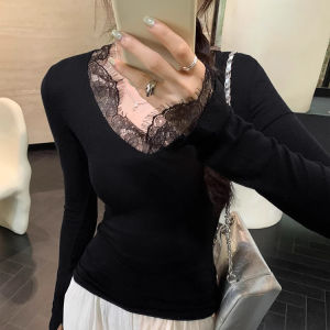 Áo Thun Nữ Dài Tay Ren Ôm Vừa Vặn Cổ Chữ V Áo Thun Lót Ren Gợi Cảm Mùa Thu Mới Về Áo Thun Nữ Dài Tay Ôm Vừa Vặn