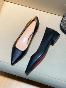 Black Leather Pointed Toe Chunky Heel Single Shoes Womens New 2025 Soft Bottom Comfortable Large Size Low Heel Commute Professional Work Shoes
