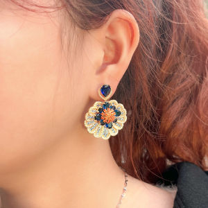 SEQUITO Kiểu Mới Nhất Lady 3D Hoa Hình Học Bông Tai Thả Dài Mạ Vàng Full Pave Đầy Màu Sắc AAAAA Đá Cubic Zirconia Delicate Bữa Tiệc Đêm Trang Sức Tai SE744