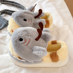 QIAOHUI | Cute Shark Bee Cotton Slippers Women Winter Indoor Fuzzy Anti-Slip