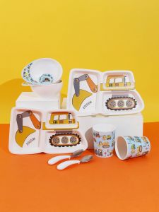 TP Childrens Dinner Plate Cute Digger New Home Grid Plate Cartoon Anti-scalding Baby Dinner Plate Food Grade Melamine Material