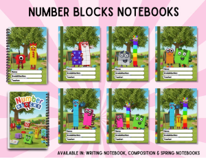 Number Blocks Designed Notebooks - Writing Composition & Spring Notebooks - sold per piece