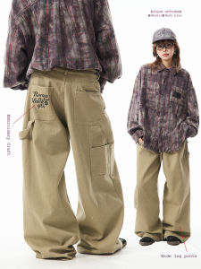 MAIKAO American Retro Letter Embroidery Straight Leg Work Pants Womens Street Loose Casual Wide Leg Pants Commute Style