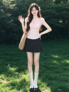 PEIZIXUAN | Bộ Đầm Ngắn Tay Bồng Chấm Bi Phong Cách Hàn Quốc Màu Hồng