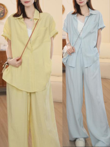 Shalldoer | Korean Style Womens Summer Thin Breathable Short Sleeve Shirt Casual Long Pants Two-Piece Set Polo Collar Button-Up Top
