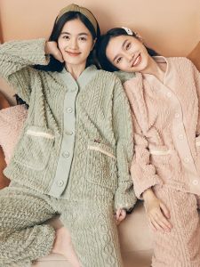 LUNILAI | Thickened Fleece Warm Home Clothes Set Large Size V-neck Casual Style Long Sleeve Polyester Fabric Winter Season Womens Suit