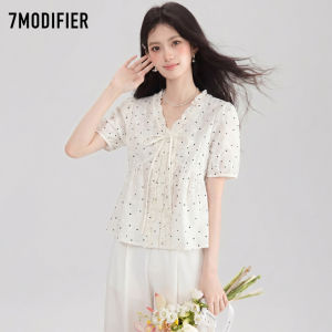 7.Modifier | Áo Sơ Mi Dễ Dàng Thắt Dây Quanh Eo Chấm Bi Màu Đối Lập Chất Liệu Gỗ