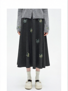 Wool Blend Green Meconopsis Flower Embroidered A-Line Skirt