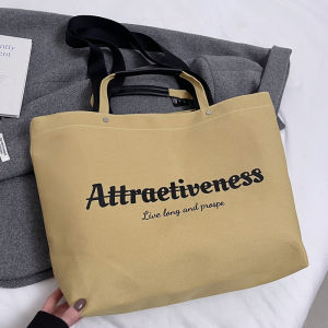 Casual Letter Tote Bag Womens Large Capacity Handbag Shoulder Bag Canvas Material Fashionable Trendy Style Youth Suitable