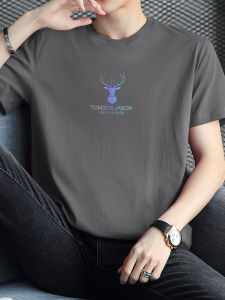 Pure Cotton Mens T-Shirt Short Sleeve round Neck Summer New Style Deer Head Print Loose Fit Fashionable Casual Top
