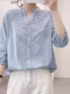 High-End Japanese Style Womens Embroidered Hollow Out Shirt with Seven-Half Sleeves Casual Linen Blouse for Spring and Summer