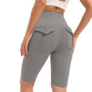 Women High Waist Biker Shorts with Side Pocket Stretch Tummy Control Squat Proof Yoga Compression Workout Running Knee Length S
