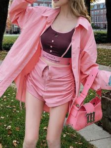 Pink Shirt Three-Piece Set Womens Fashion Spring Autumn High-End Feeling Cute Girl Street Style Age Reduction Cotton Suit