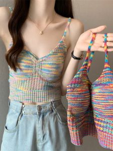 Large Size Womens Summer New Style Rainbow Sleeveless Knitted Strap Vest Inner Wear Outer Wear with Chest Pad Hide Belly Top