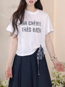 BINKAFENNY | Plus Size Womens American Letter Print Short Sleeve T-Shirt Summer Design Sense Bow Tie Shoulder Top Comfortable Loose Fit