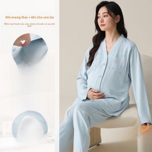 MiiOW | Pure Cotton Maternity Nightgown With Chest Pad Womens Sleepwear Home Clothes Anti-Bulge Design Long Sleeve V-Neck Open Cardigan