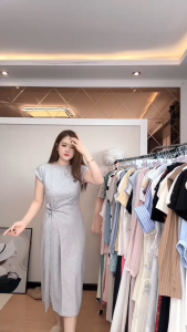 Đầm Nữ Dáng Dài Màu Xám Thắt Nơ Eo Tôn Dáng Siêu Đẹp D62