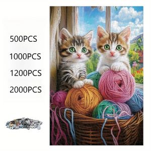 One Colorful Paper Puzzle Experience 500/1000pcs Kitten-themed Jigsaw with Two Adorable Cats Surrounding A Colorful Knitted